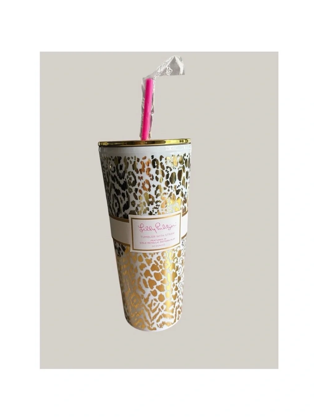 Lilly Pulitzer Gold Leopard 24 oz Tumbler with Pink Straw